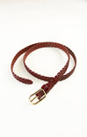 Brown braided belt with a gold buckle on a white background