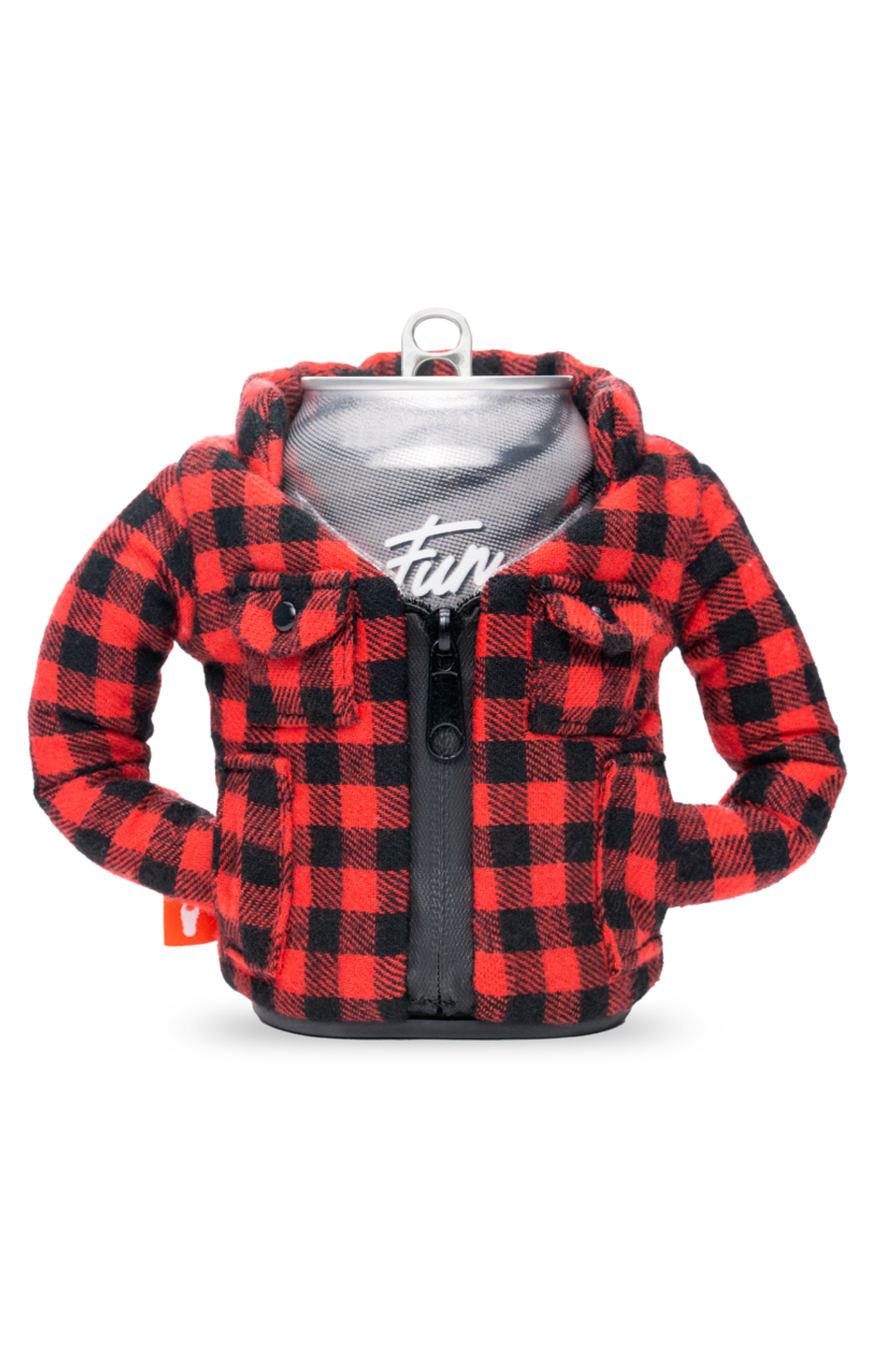 A red and black checkered drinkwear with a hood, designed to look like a lumberjack shirt, with a white label showing the brand name 'Puffin'.