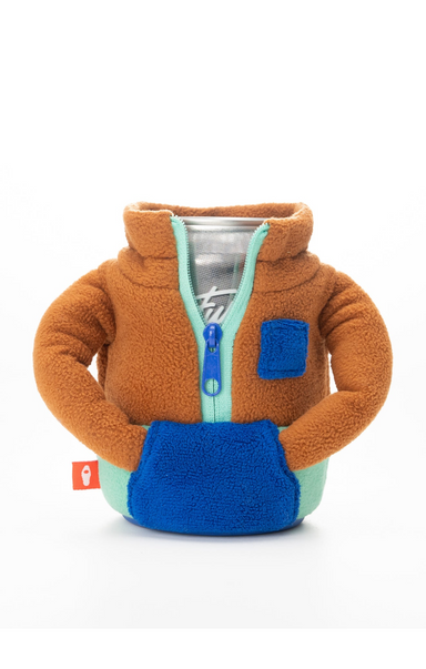 A brown and blue fleece drinkwear sleeve designed for a can, with a zipper and a pocket.