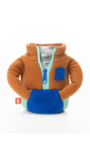 A brown and blue fleece drinkwear sleeve designed for a can, with a zipper and a pocket.