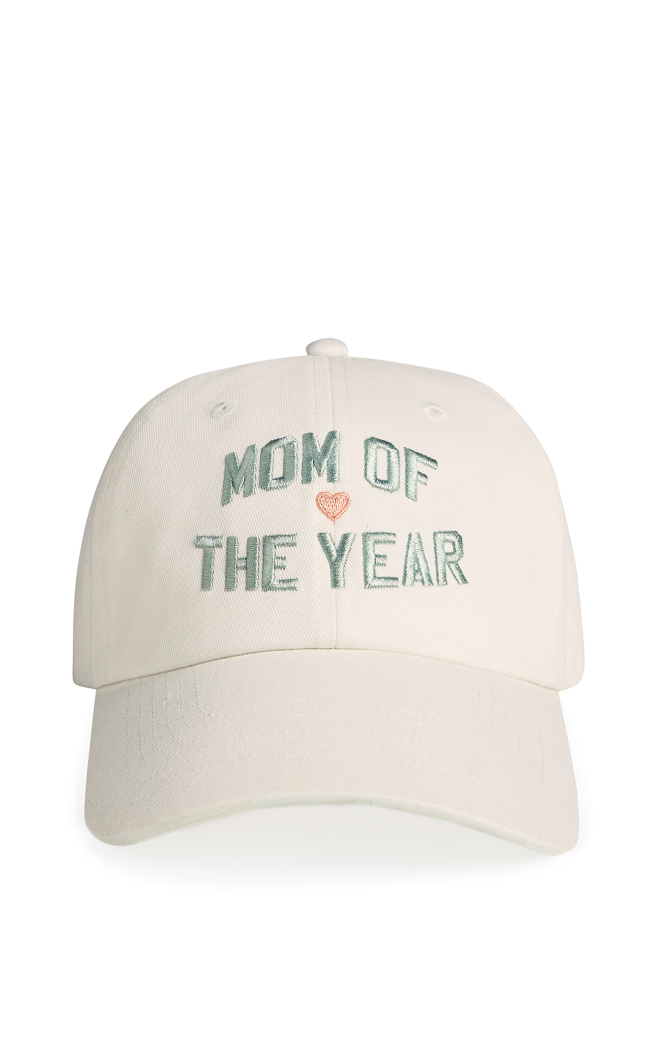 Beige cap with 'Mom of the Year' text on a white background