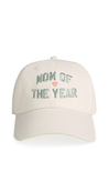 Beige cap with 'Mom of the Year' text on a white background