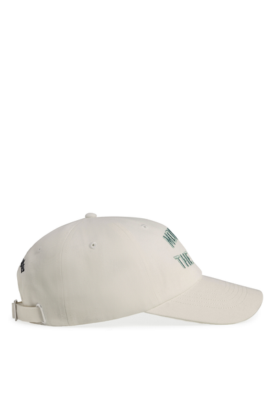 Beige cap with branding on a white background
