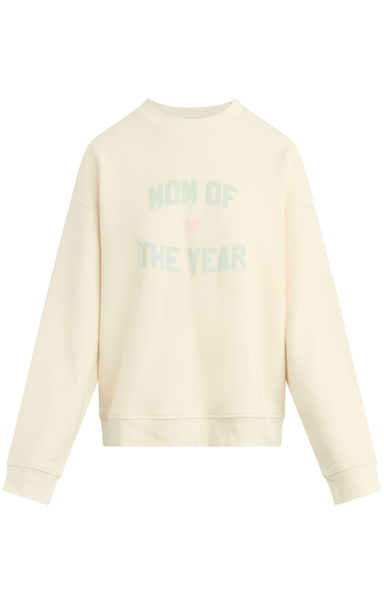 Beige sweatshirt with 'Mom of the Year' text on a white background