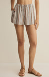 Person wearing striped shorts on a plain background