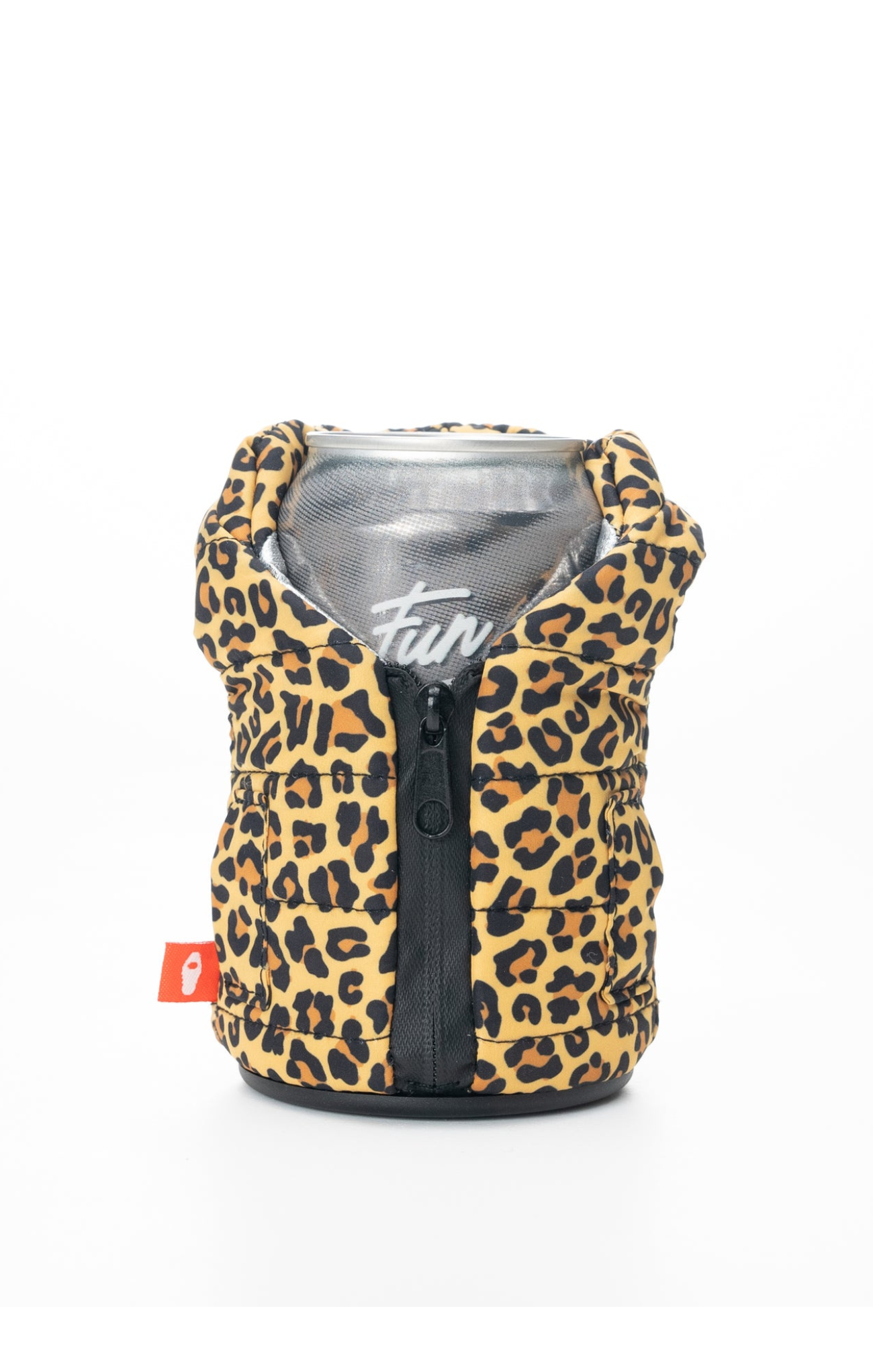 A beige and brown animal patterned drinkwear vest designed to fit over a can, with a zipper in the front.