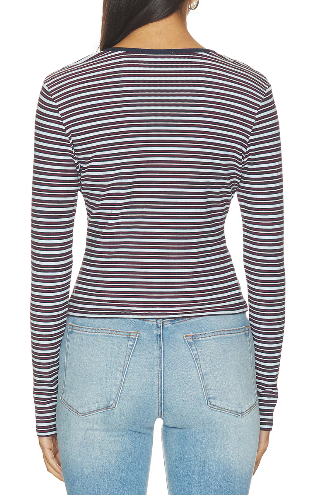 A woman shown from the back wearing a long-sleeve striped top with thin horizontal navy, burgundy, and white stripes, paired with light blue jeans, against a plain white background.