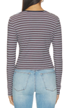 A woman shown from the back wearing a long-sleeve striped top with thin horizontal navy, burgundy, and white stripes, paired with light blue jeans, against a plain white background.