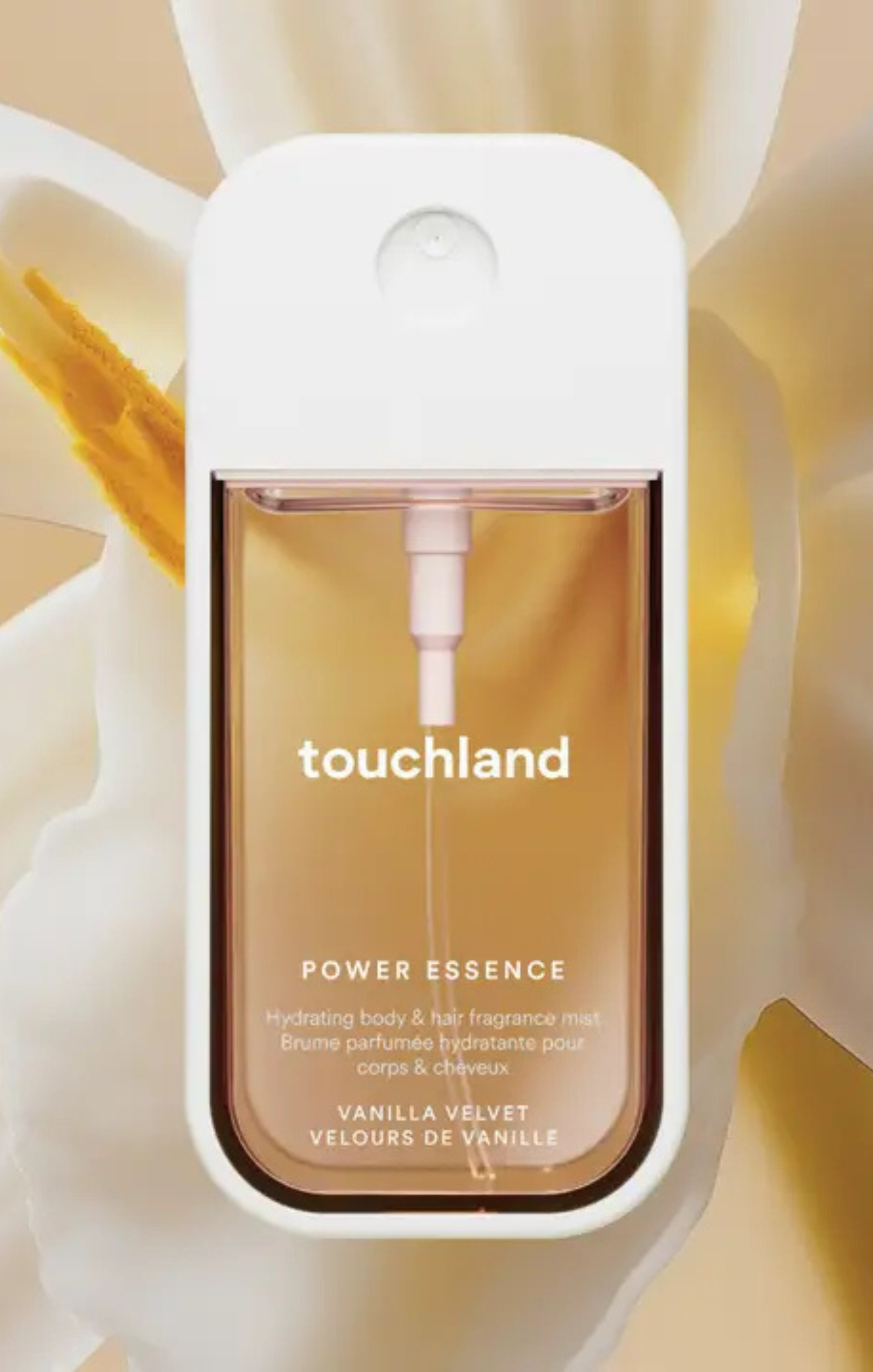 Touchland Power Essence vanilla velvet fragrance mist bottle on a white background