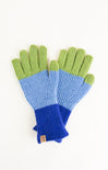 Pair of gloves with blue and green color block design on a white background
