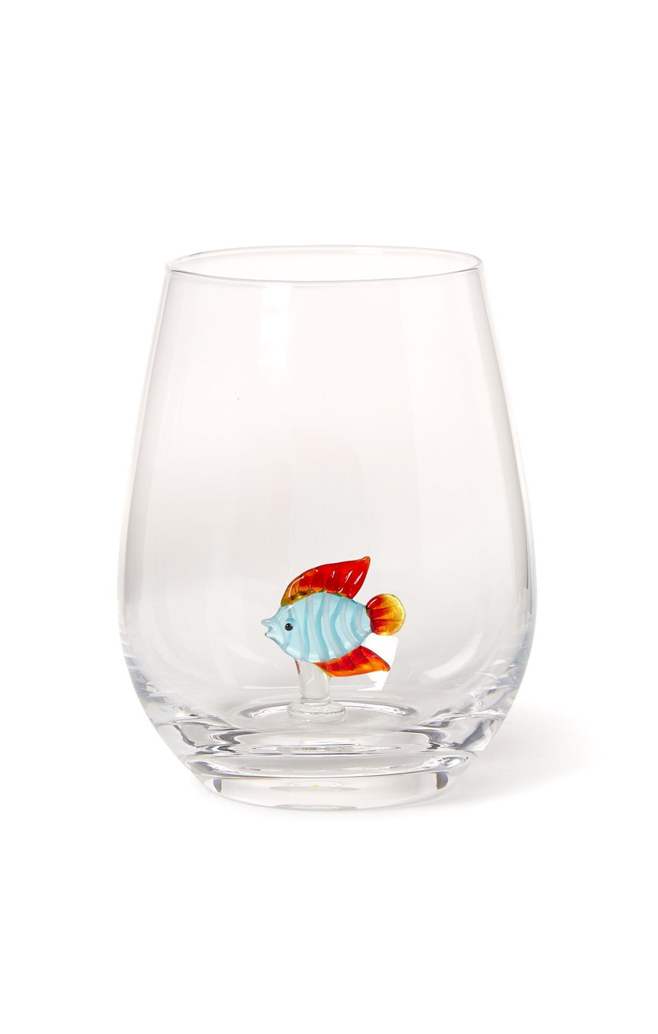 Clear glass with a colorful fish design on a white background
