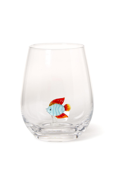 Clear glass with a colorful fish design on a white background