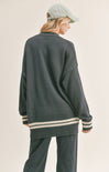 UPTOWN GIRL STRIPE CARDIGAN - Long oversized cardigan, navy, white stripes on bottom and cuff, v neck, button closure