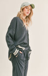 UPTOWN GIRL STRIPE CARDIGAN - Long oversized cardigan, navy, white stripes on bottom and cuff, v neck, button closure