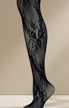 Black fishnet stockings with floral lace design on a beige background