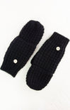 Pair of black knitted mittens with button closures on a white background