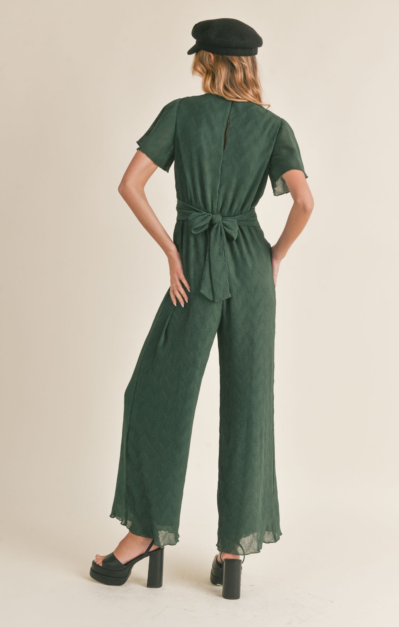 WONDERSTRUCK V-NECK JUMPSUIT-forest green,short sleeve,jumpsuit,tie waist,v-neck,flutter sleeves