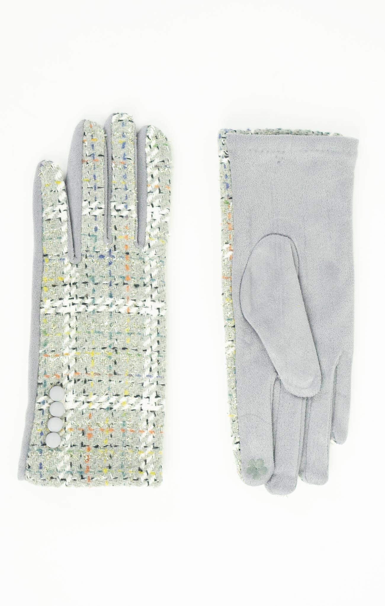 WOVEN TWEED GLOVES-grey,tweed and plaid pattern,four faux buttons,multi color stitching