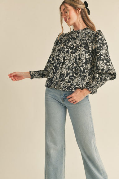 WRENLEY RUFFLED BLOUSE-black cream floral,blouse,puff sleeve and shoulder,long sleeve,floral pattern