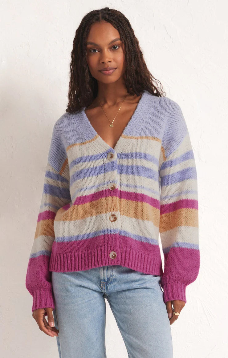 CHASING SUNSETS CRDIGAN-z-supply,heartbreaker pink,cardigan,button front,stripe detail,multi color,long sleeves,puff sleeves