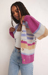 CHASING SUNSETS CRDIGAN-z-supply,heartbreaker pink,cardigan,button front,stripe detail,multi color,long sleeves,puff sleeves