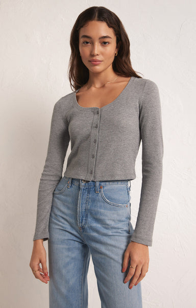 CIANA CROPPED WAFFLE TOP-z-supply,wafle material,classic heather grey,oat milk,round neck,button front,long sleeves,cropped fit