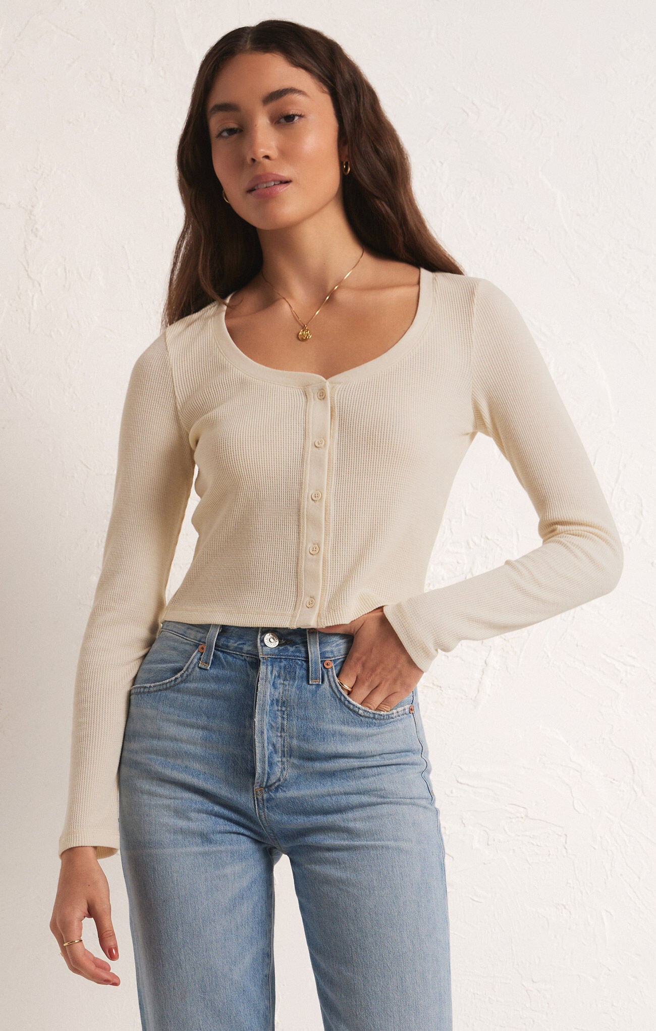 CIANA CROPPED WAFFLE TOP-z-supply,wafle material,classic heather grey,oat milk,round neck,button front,long sleeves,cropped fit