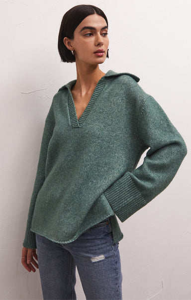 EMBER SWEATER-v-neck,collared,everglade,green,knitted,polyester