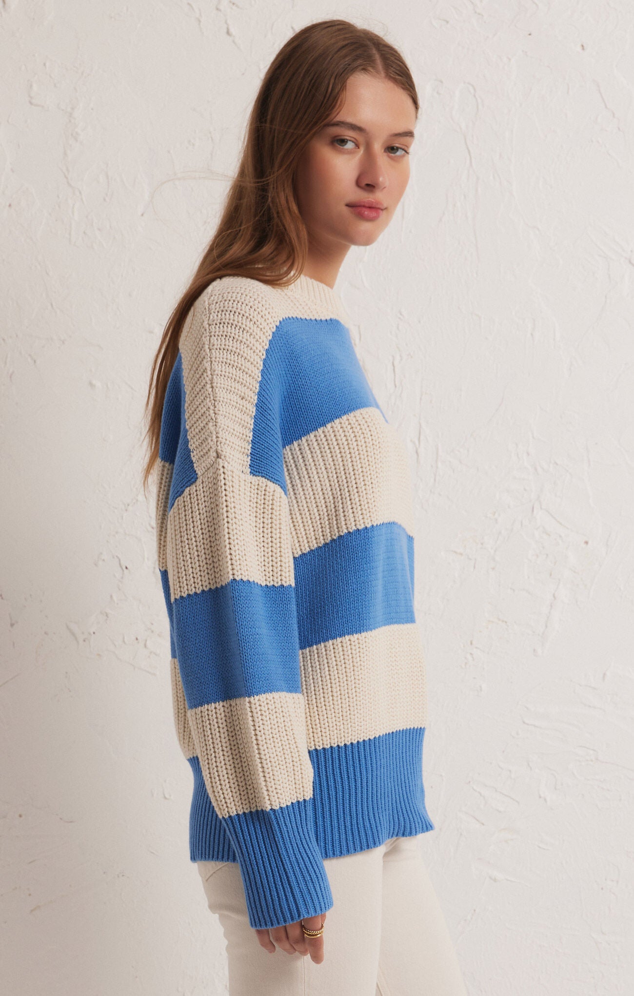 FRESCA STRIPE SWEATER-z-supply,blue isle,striped sweater,blue and cream,crew neckline,knitted,long sleeves
