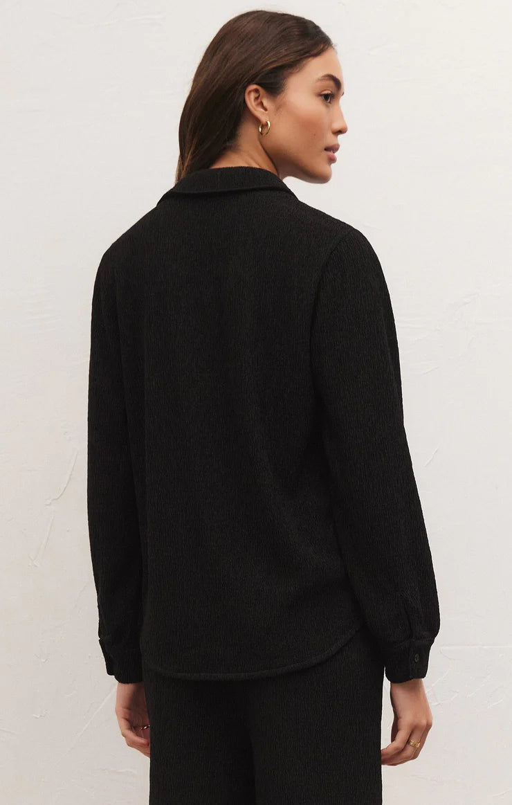 CRINKLE KNIT SHIRT-black,crinkle fabric,button down,long sleeve