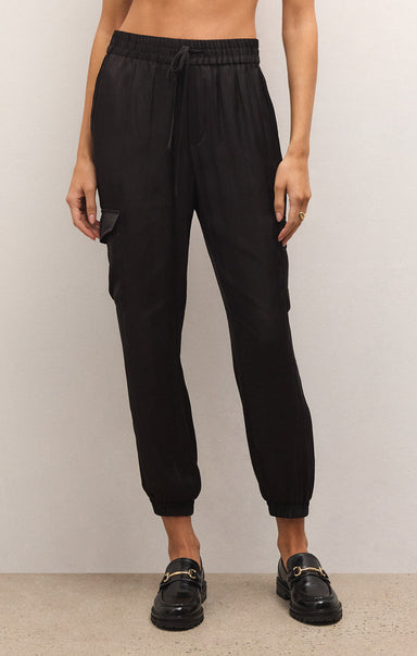 RORY CARGO JOGGER-black,cargo pant,jogger,pockets on sides,drawstring waist,sheen fabric