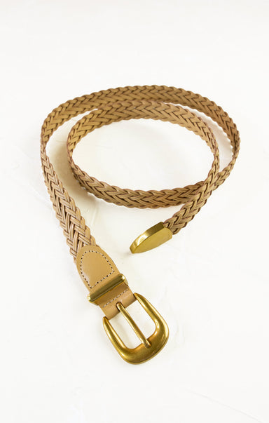 Beige woven belt with a gold buckle on a white background