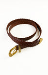 Brown braided belt with a gold buckle on a white background