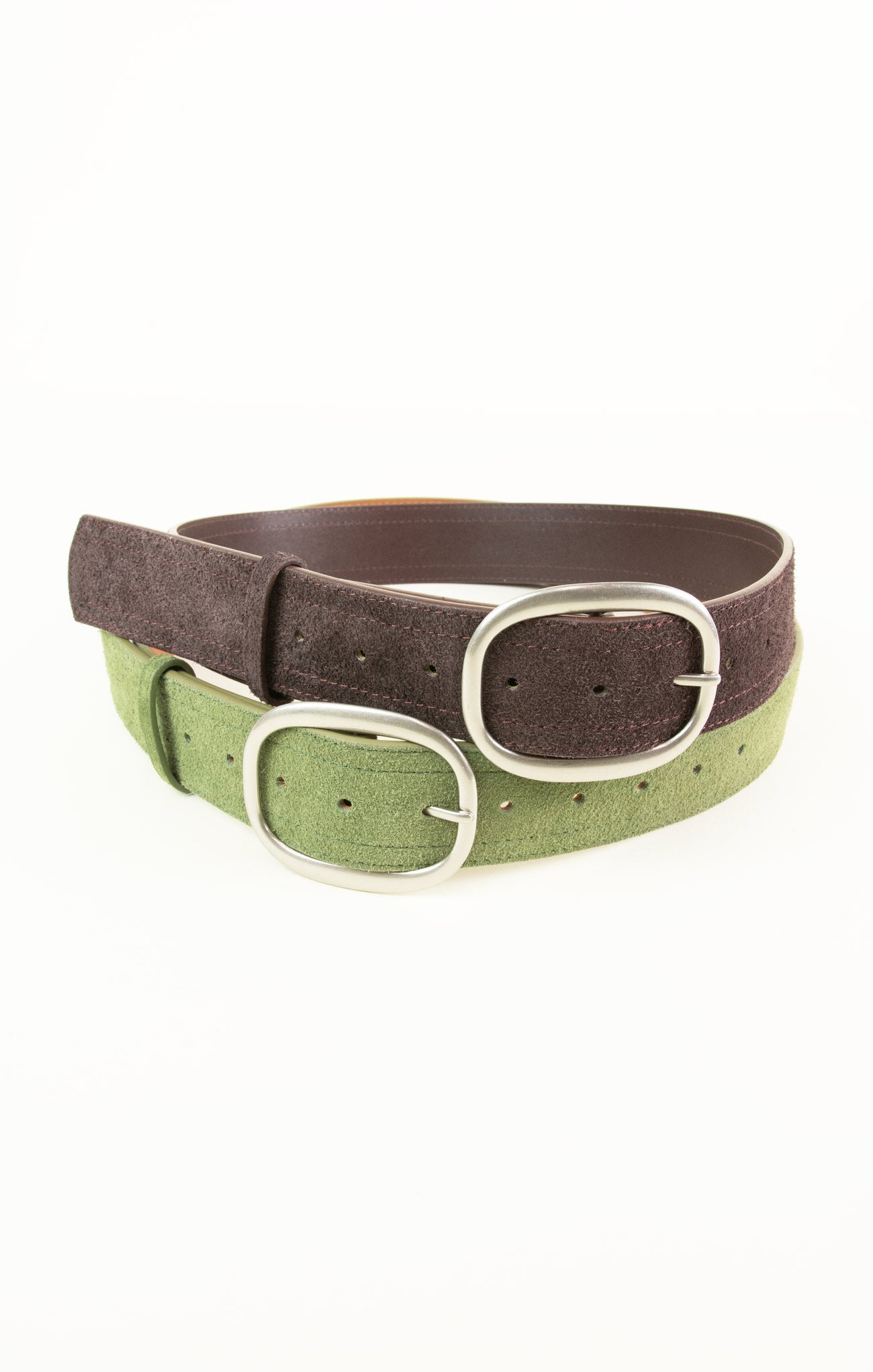 Two belts, one brown and one green, with silver buckles on a white background.