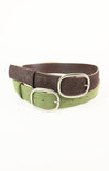 Two belts, one brown and one green, with silver buckles on a white background.