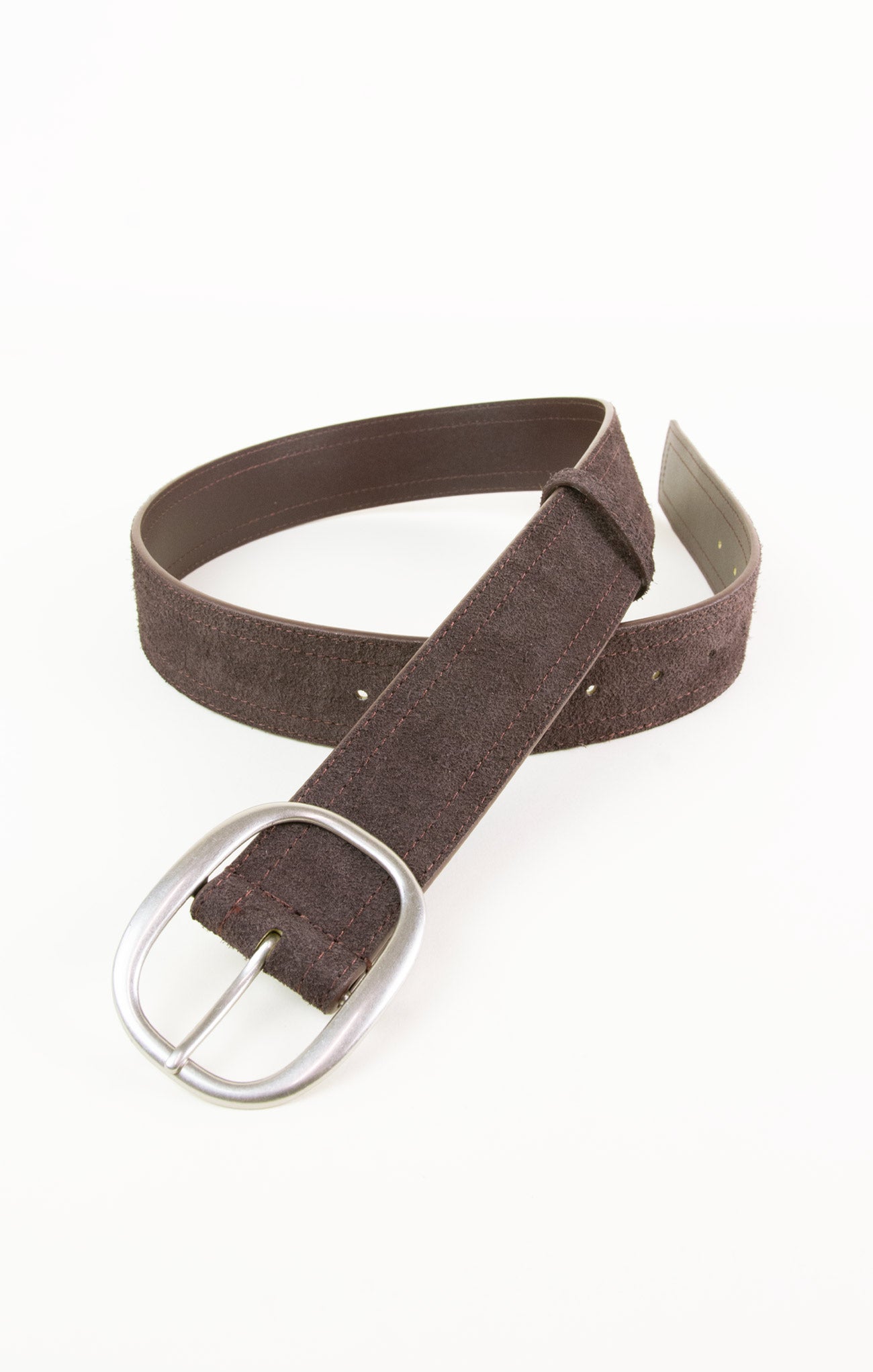 Brown belt with silver buckle on a white background