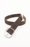 Brown belt with silver buckle on a white background