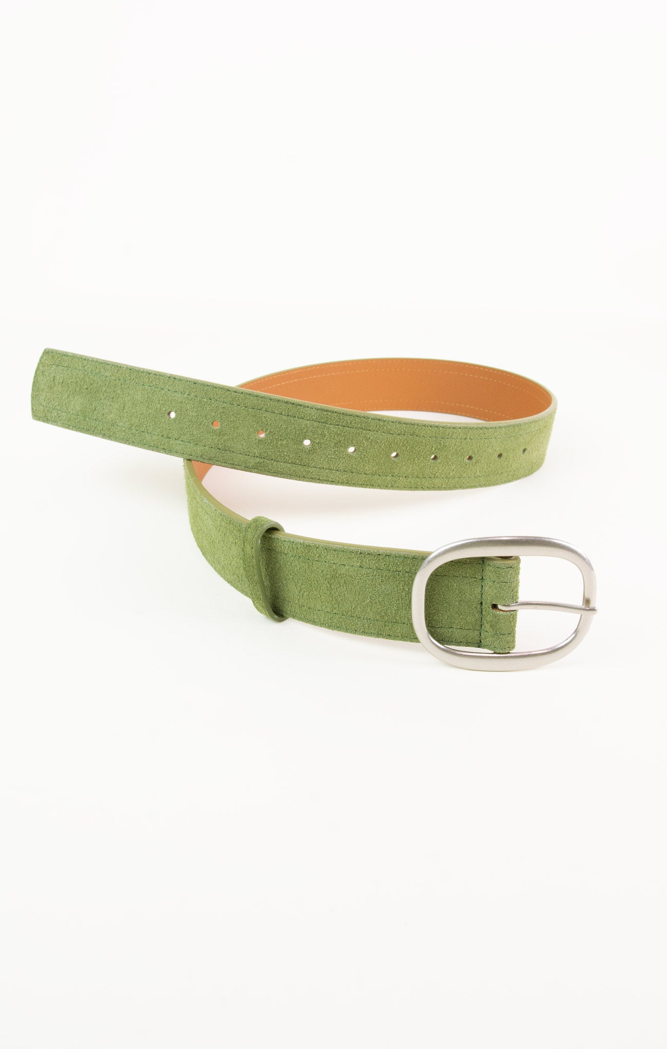 Green belt with a silver buckle on a white background