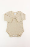Beige checkered baby romper with a collar on a white background
