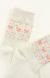 Pair of cream-colored socks with floral patterns on a white background