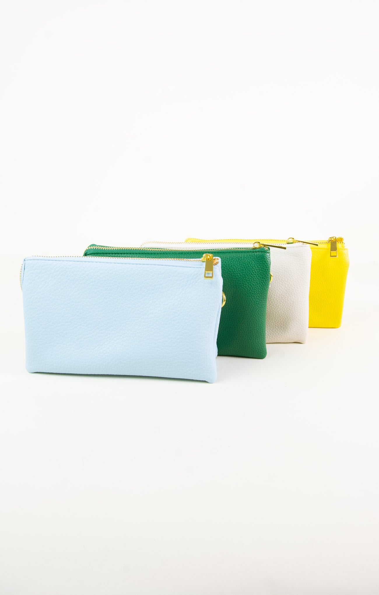 Four colorful pouches (light blue, green, white, yellow) on a white background