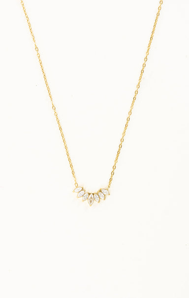 Gold necklace with a small pendant on a white background