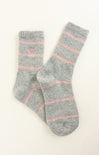Pair of gray socks with pink stripes on a white background