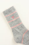 Gray sock with pink heart design and stripes on a white background