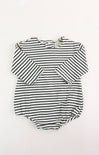 Black and white striped baby romper on a white background