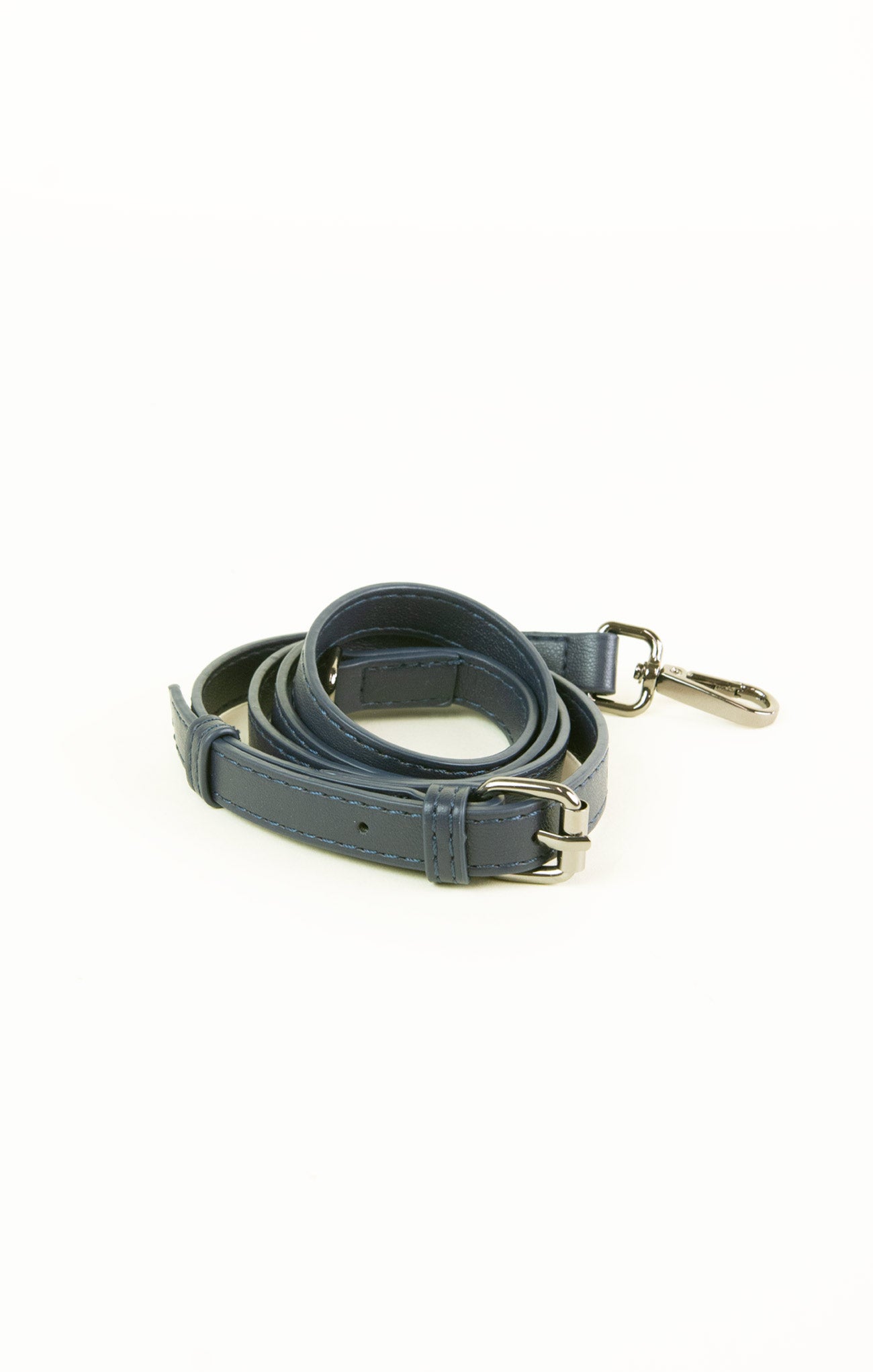 blue leather bag strap with brass hardware on a white background