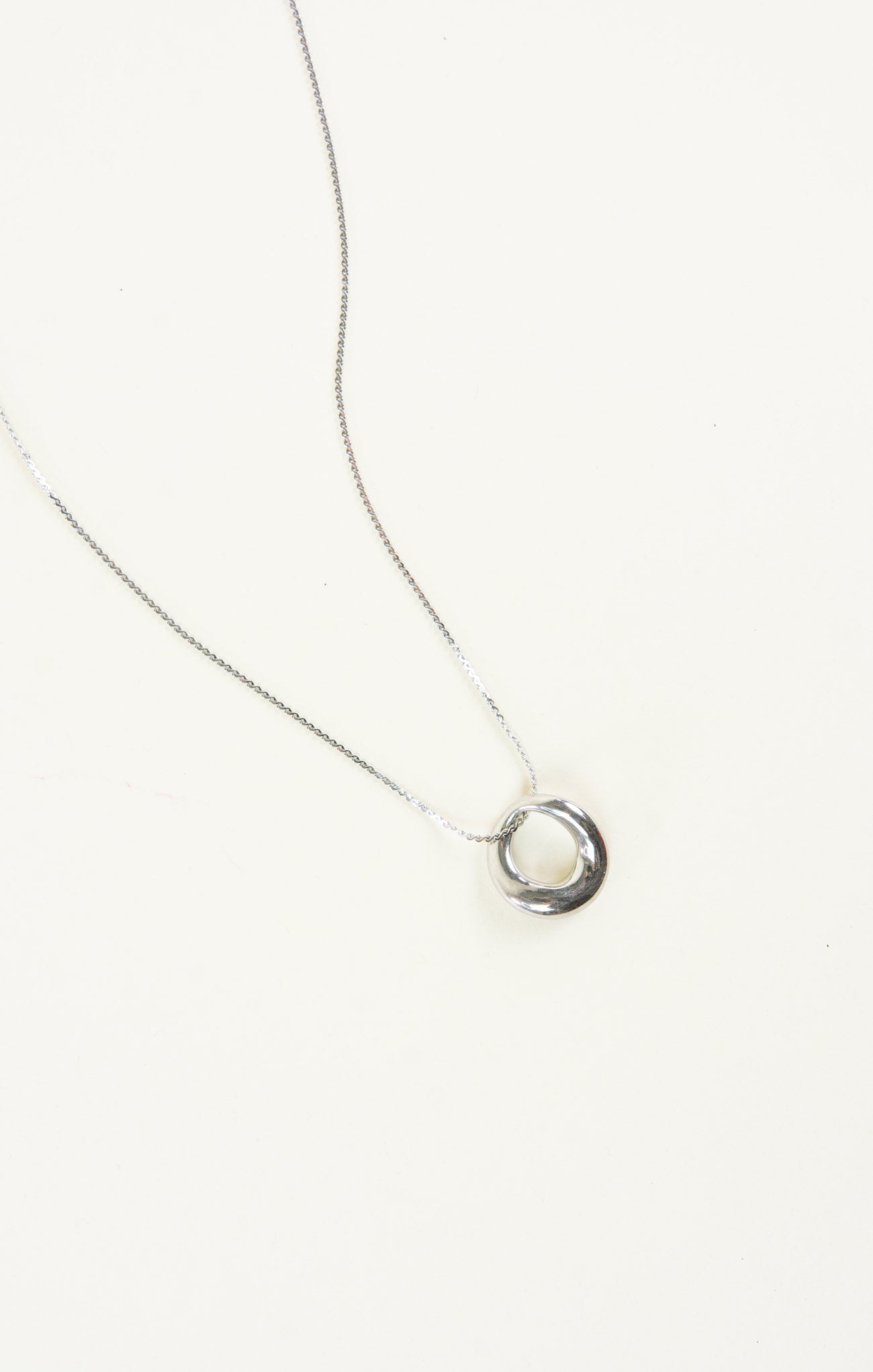 Silver necklace with a circular pendant on a white background