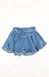 Blue denim skirt with a bow on a white background