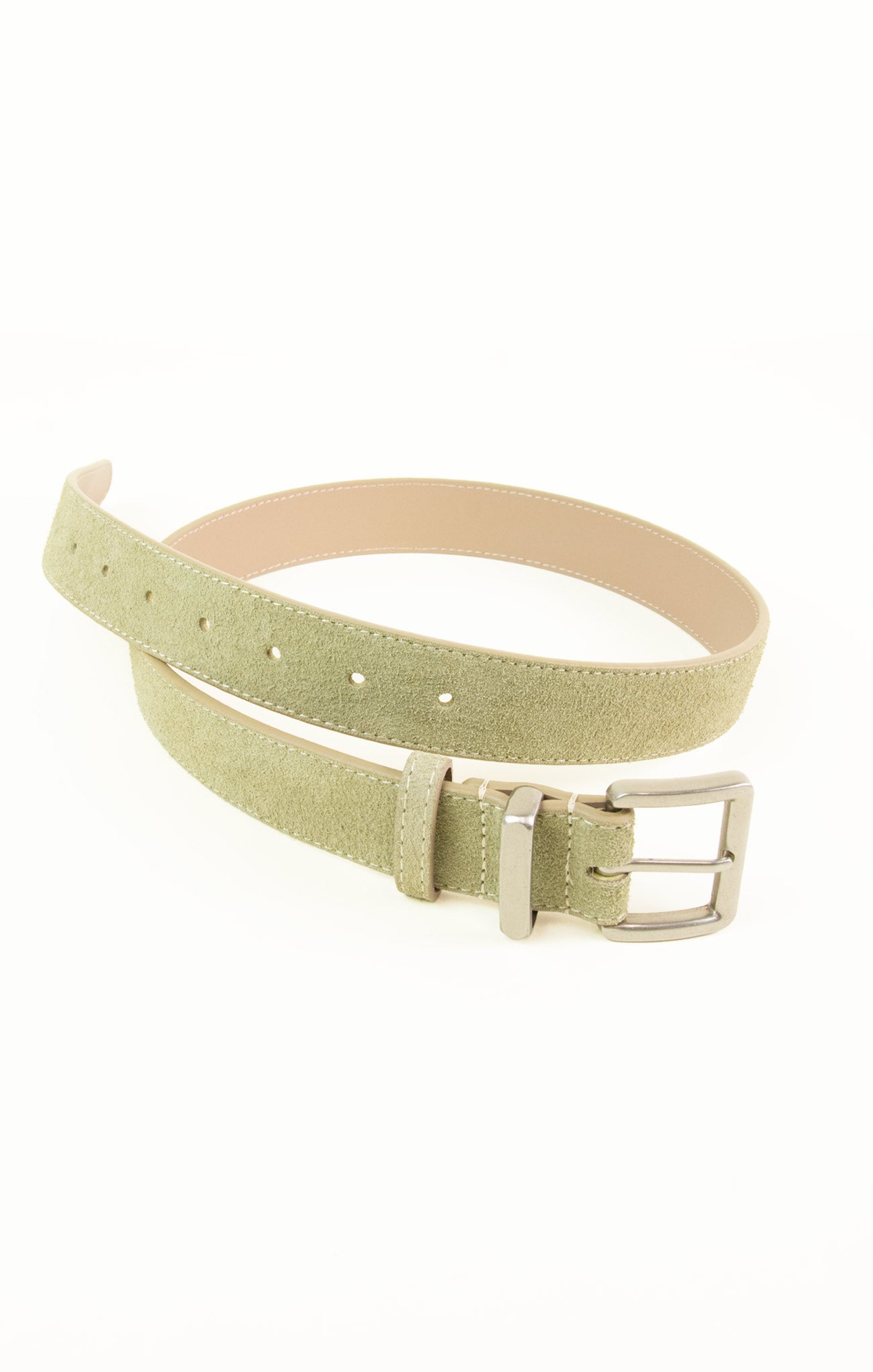 Light green belt with a silver buckle on a white background