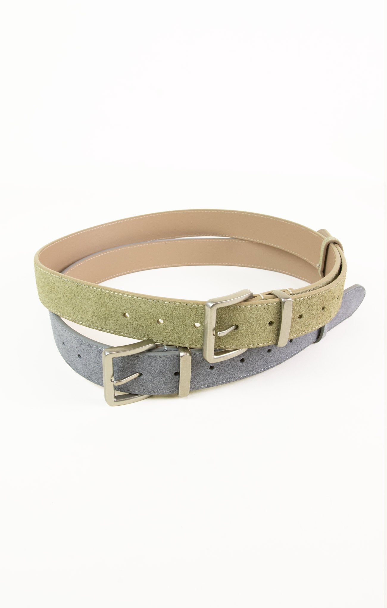Two belts, one beige and one gray with a gold buckle, on a white background.